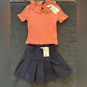 Pleaded skirt and bow tie shirt set